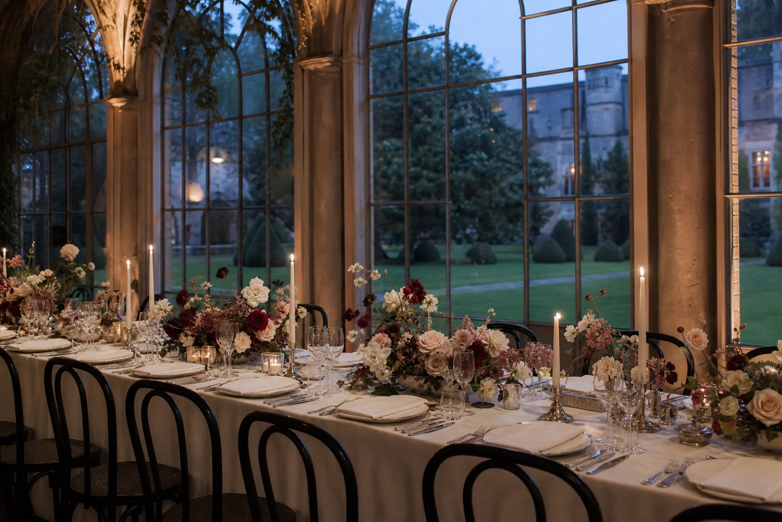 Cena de boda preparada en la orangerie de una casa histórica